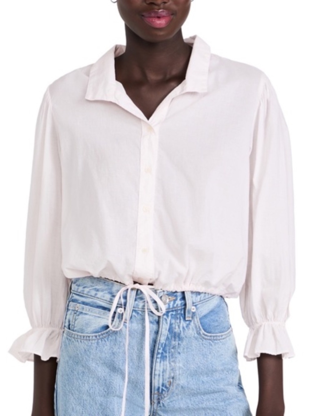 Xirena Elody Cotton Poplin Kiss Kiss Tie Waist Crop Button Down Shirt